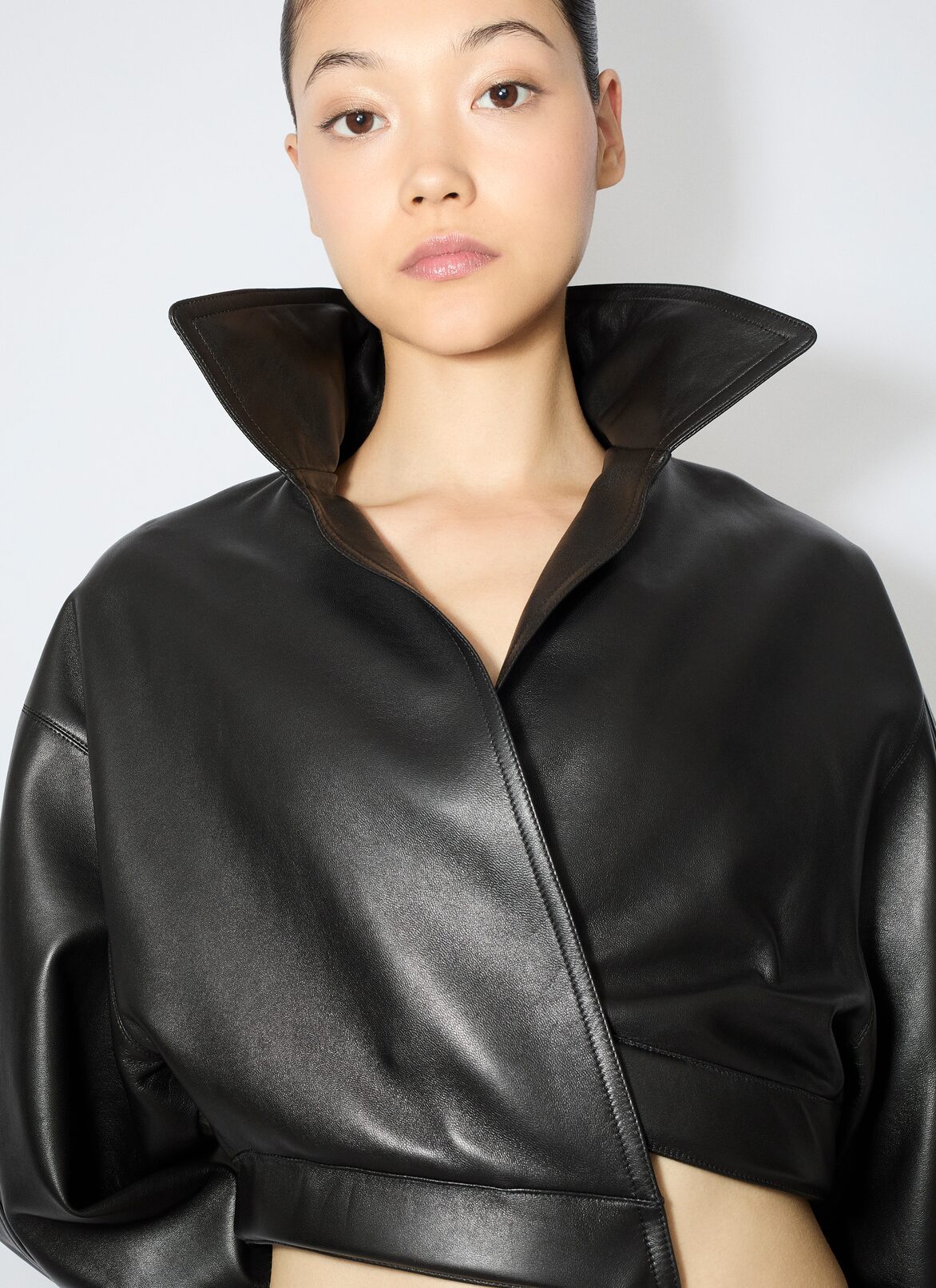 LEATHER CROPPED SPIRAL JACKET ALAÏA BLACK LEATHER CROPPED SPIRAL JACKET